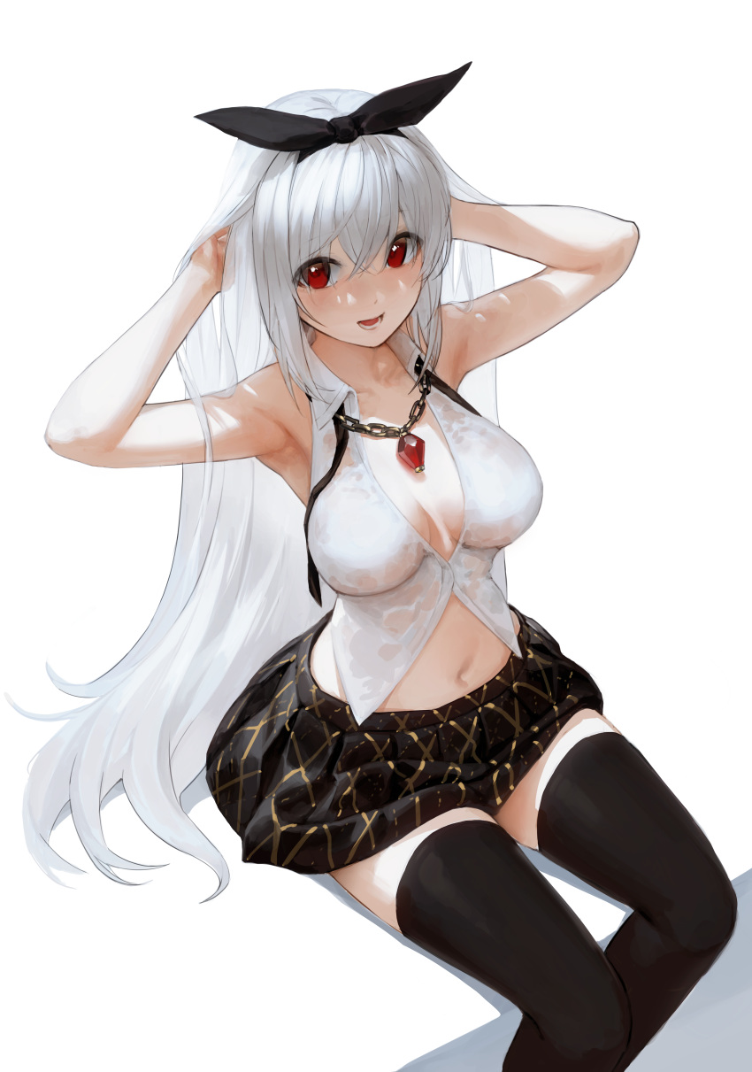 1girl absurdres arms_up bare_arms bare_shoulders black_legwear black_neckwear black_skirt breasts breasts_apart collared_shirt egk513 hair_ribbon hands_in_hair highres jewelry large_breasts long_hair looking_at_viewer midriff miniskirt navel necklace necktie no_bra open_mouth original pleated_skirt red_eyes revealing_clothes ribbon see-through shirt sitting skirt sleeveless sleeveless_shirt smile solo stomach thigh-highs very_long_hair wet wet_clothes wet_shirt white_hair white_shirt zettai_ryouiki