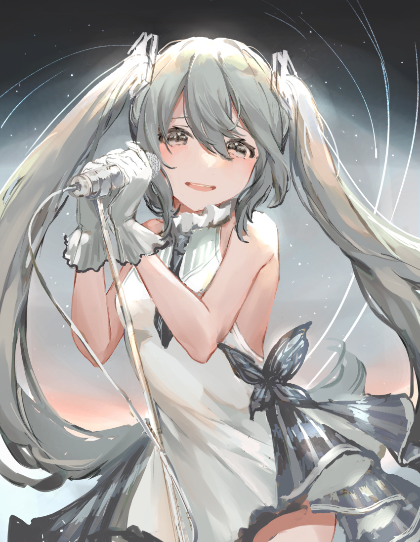 1girl absurdres bug butterfly dress gloves gradient gradient_background grey_gloves grey_hair hair_between_eyes hatsune_miku highres holding holding_microphone looking_at_viewer microphone microphone_stand paru_(parucom) sleeveless sleeveless_dress solo standing twintails vocaloid white_dress