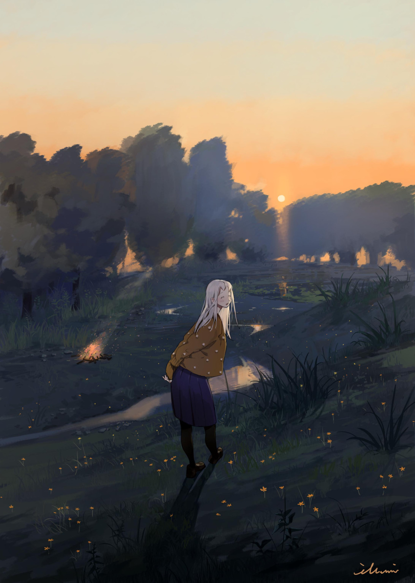 1girl absurdres arms_behind_back artist_name bangs black_footwear blonde_hair blue_skirt blush campfire closed_eyes field flower grass happy highres illumi999 light_blush long_hair open_mouth original pale_skin signature skirt smile solo standing sunlight sunset sweater tree