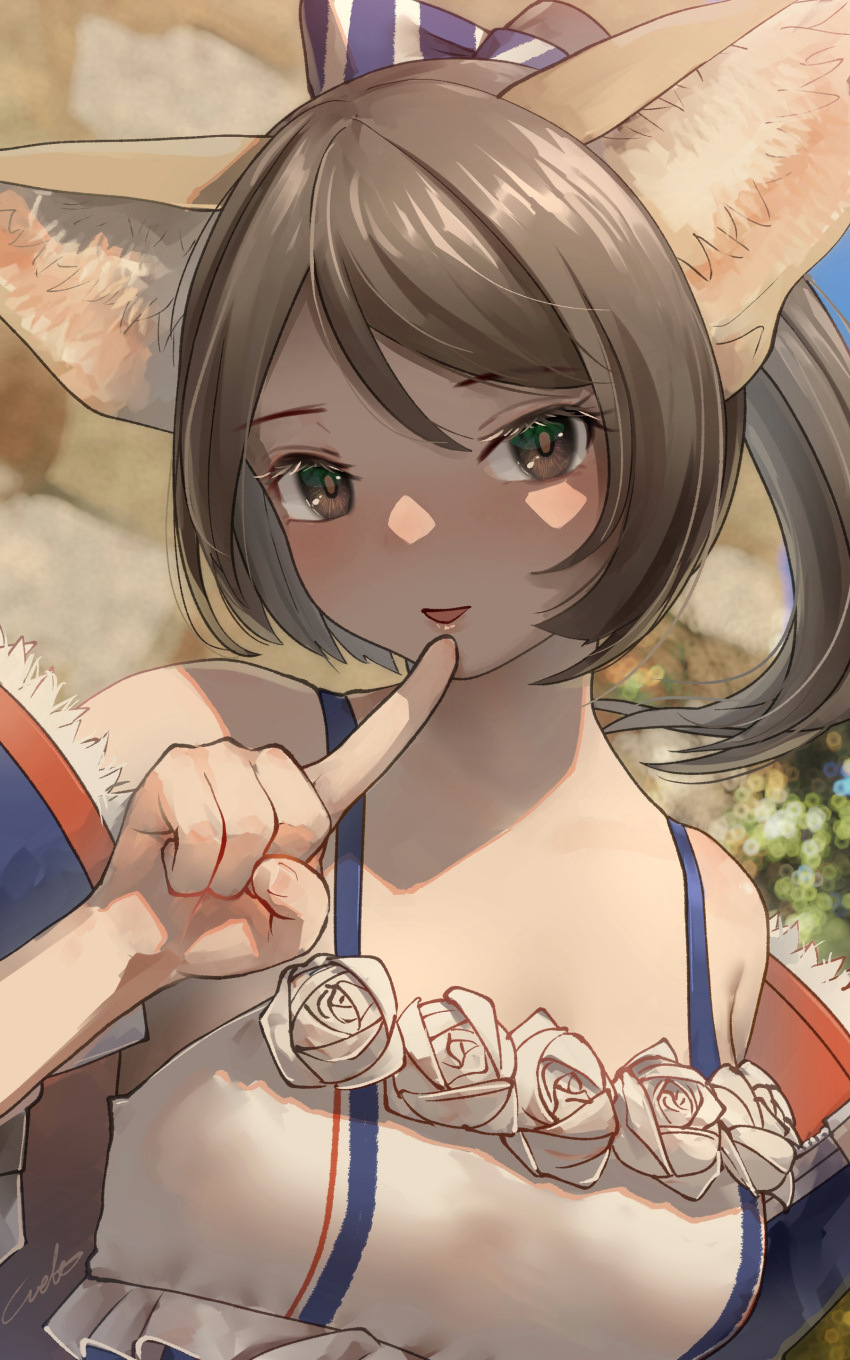 1girl absurdres animal_ears arknights bare_shoulders blush bow brown_eyes brown_hair commentary_request dress finger_to_mouth flower fox_ears fur-trimmed_jacket fur_trim hair_bow highres jacket long_hair looking_at_viewer off_shoulder open_clothes open_jacket parted_lips perfumer_(arknights) ponytail solo tied_hair upper_body welt_(kinsei_koutenkyoku) white_dress white_flower