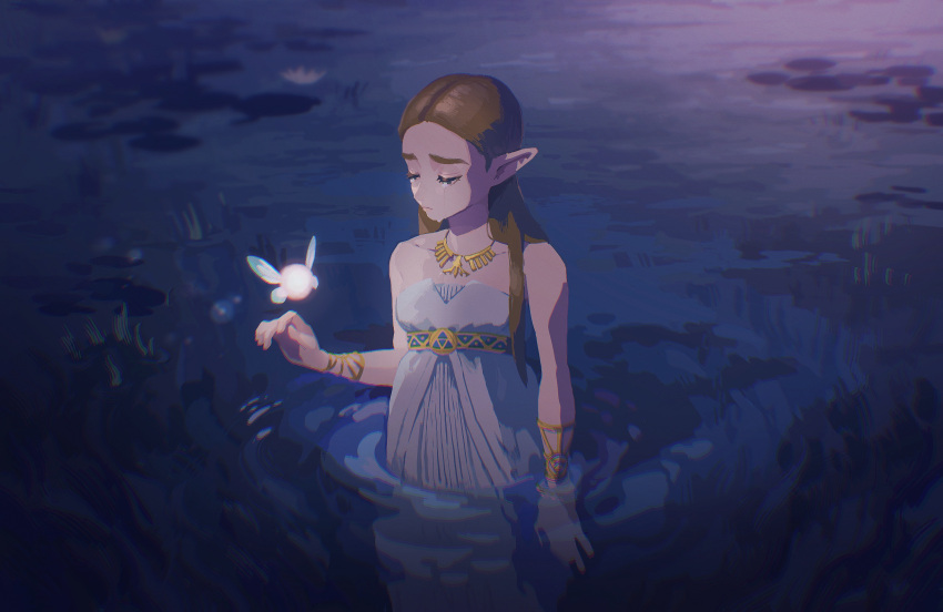 1girl absurdres blonde_hair breasts closed_eyes closed_mouth commentary domodesu dress fairy highres long_hair pointy_ears princess_zelda solo the_legend_of_zelda the_legend_of_zelda:_breath_of_the_wild triforce water
