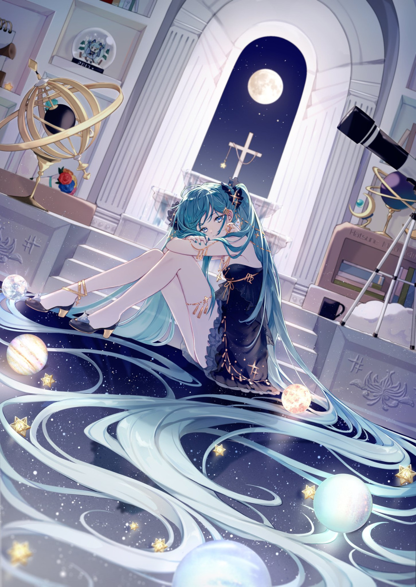1girl aqua_eyes aqua_hair arch black_ribbon blue_dress book book_stack bouquet chain crescent crescent_earrings cross cross_necklace cup dress earrings flower gold_chain green_nails gyroscope hair_ornament hair_ribbon hatsune_miku high_heels highres jewelry jupiter_(planet) long_hair looking_at_viewer moon moon_(ornament) mug nail_polish necklace nishina_hima on_floor planet ribbon rose sitting sky snow_globe solo stairs star_(sky) star_(symbol) starry_sky telescope twintails very_long_hair vocaloid window