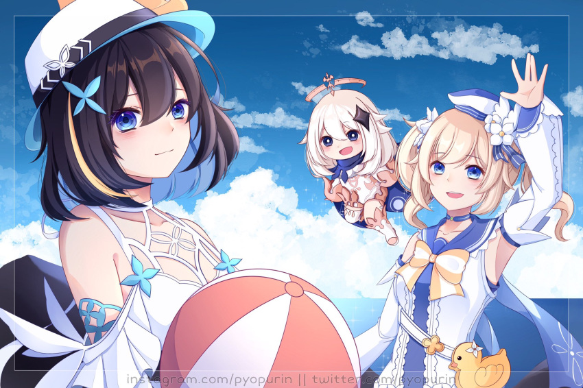 3girls :d armpits ball bangs barbara_(genshin_impact) beachball beret black_eyes black_neckwear blonde_hair blue_eyes blue_hair blue_sky chibi closed_mouth clouds cloudy_sky dress floating flower genshin_impact hair_between_eyes hair_flower hair_ornament halo hat highres holding honkai_(series) honkai_impact_3rd long_hair looking_at_viewer mihoyo_technology_(shanghai)_co._ltd. multiple_girls open_mouth outdoors paimon_(genshin_impact) pyopurin scarf seele_vollerei seele_vollerei_(swallowtail_phantasm) short_hair short_sleeves short_twintails sky sleeveless sleeveless_dress smile summer summer_uniform sundress twintails waving white_dress white_flower white_hair white_headwear white_sleeves