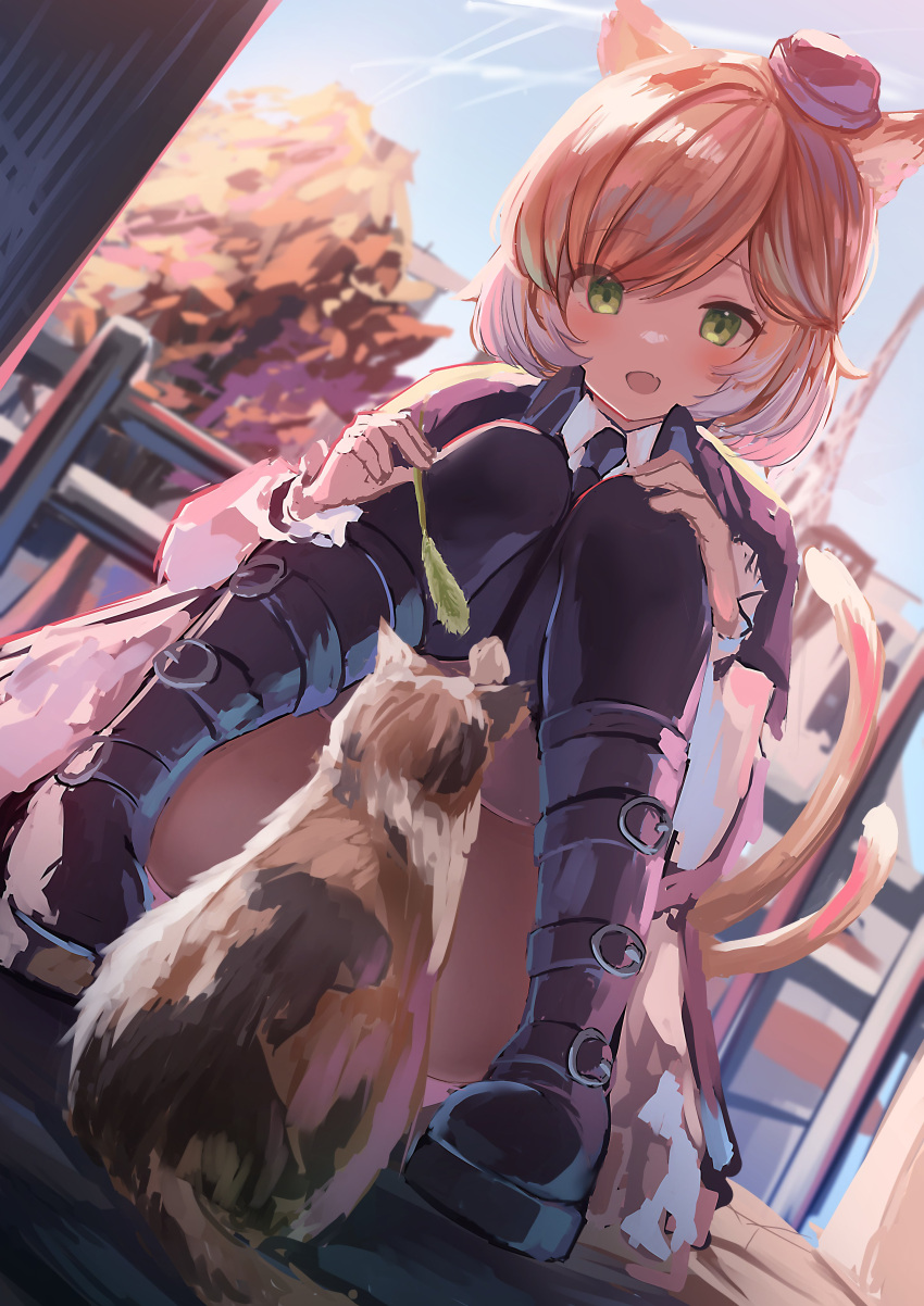 1girl absurdres animal animal_ears arknights black_footwear black_headwear black_legwear black_neckwear black_shirt blush boots cat cat_ears cat_girl cat_tail cat_teaser dutch_angle eiffel_tower fang fence green_eyes hat highres holding mini_hat mousse_(arknights) multiple_tails necktie open_mouth outdoors shirt shoa_tksm short_hair skin_fang solo squatting tail