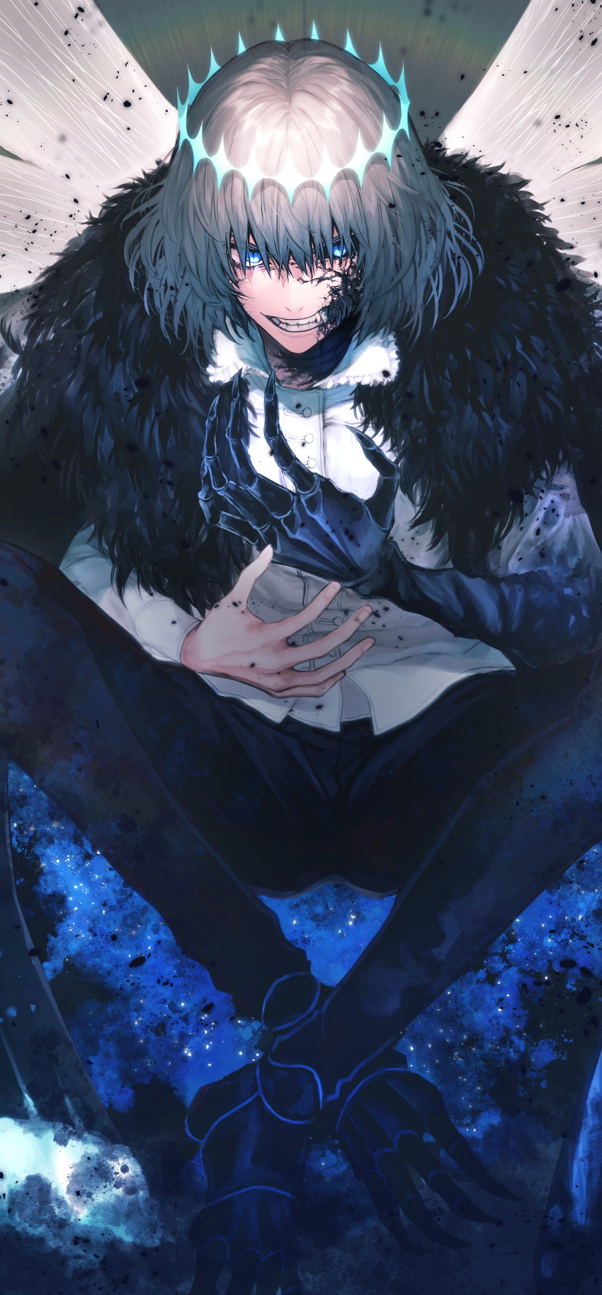 1boy absurdres angry black_blood black_cape black_pants blood blood_on_face blue_eyes buttons cape claws commentary crossed_ankles diamond_hairband fate/grand_order fate_(series) fur_cape glaring gradient gradient_background grey_background grey_hair grimace hand_on_own_cheek hand_on_own_face highres insect_wings looking_at_viewer male_focus oberon_(fate) pants shirt short_hair simple_background solo spoilers symbol-only_commentary teeth white_shirt wings yuta_arata