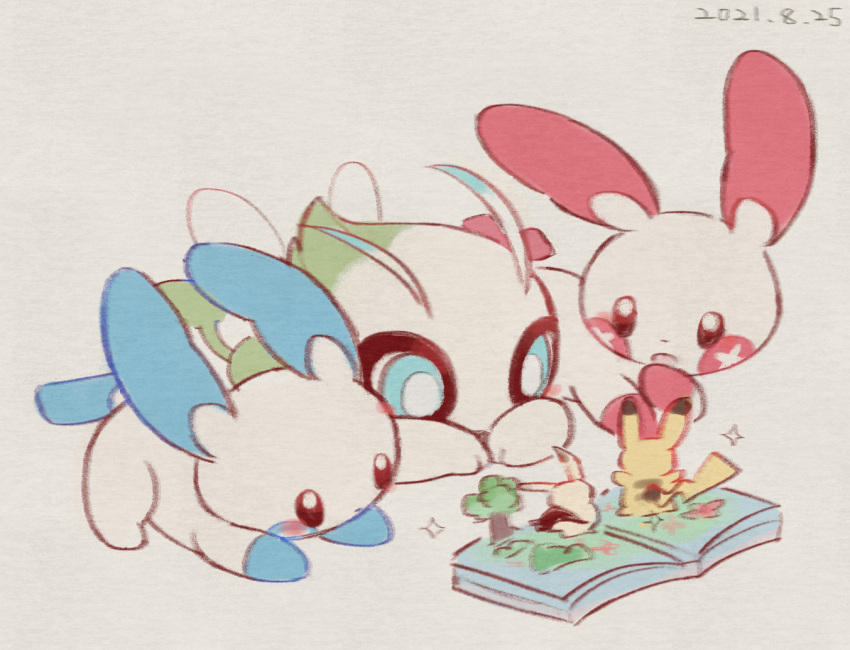 blue_eyes book bright_pupils celebi closed_mouth commentary_request frown gen_1_pokemon gen_2_pokemon gen_3_pokemon leels minun mythical_pokemon no_humans pikachu plusle pokemon pokemon_(creature) pop-up_book sparkle white_pupils