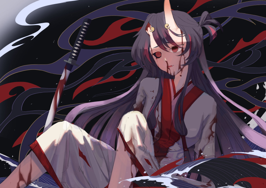 1girl absurdres black_background black_hair black_sclera blood blood_on_clothes blood_on_face blood_on_weapon chiyo_(genshin_impact) colored_sclera commentary english_commentary fang genshin_impact highres horns japanese_clothes katana kimono long_hair multicolored_hair oni oni_horns open_mouth pepppaya red_eyes solo sword two-tone_hair weapon