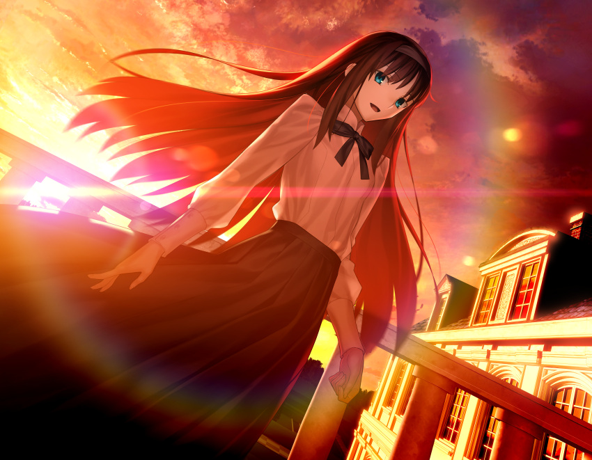 :d absurdres arms_at_sides bangs black_hair black_hairband black_neckwear black_skirt bloom blue_eyes breasts building clenched_hand clouds diffraction_spikes dutch_angle evening feet_out_of_frame from_below game_cg gradient_hair hair_spread_out hairband highres house huge_filesize lens_flare long_hair long_skirt long_sleeves looking_at_viewer mansion multicolored_hair neck_ribbon official_art open_mouth orange_sky outdoors pleated_skirt redhead ribbon shirt sidelocks skirt sky small_breasts smile standing sunset takeuchi_takashi tohno_akiha tsukihime tsukihime_(remake) white_shirt wind
