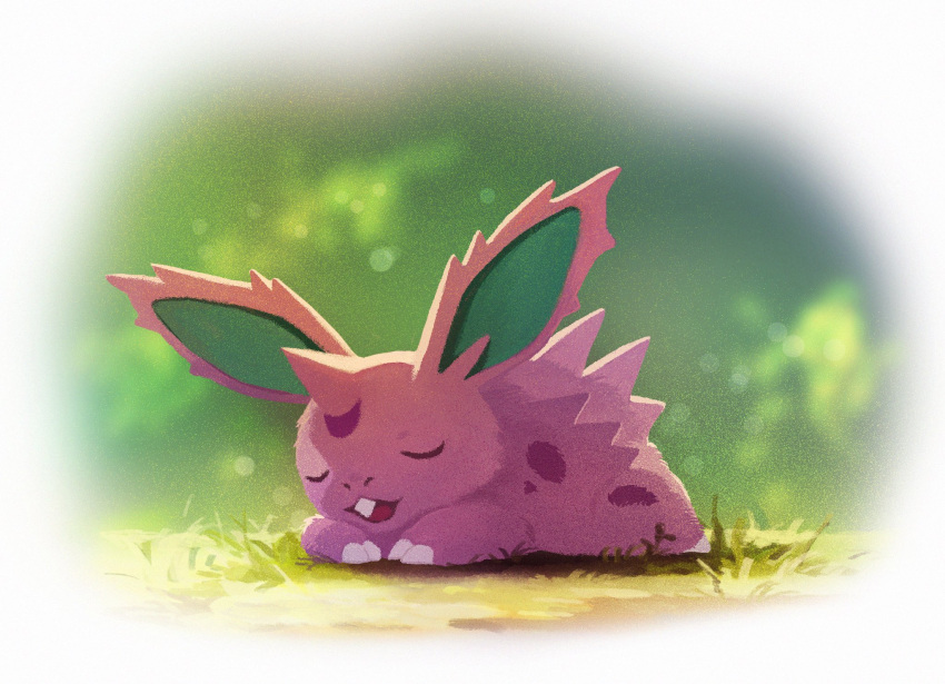 closed_eyes commentary_request fang full_body gen_1_pokemon grass highres lying nidoran nidoran_(male) no_humans on_stomach open_mouth pokemon pokemon_(creature) sleeping solo uninori