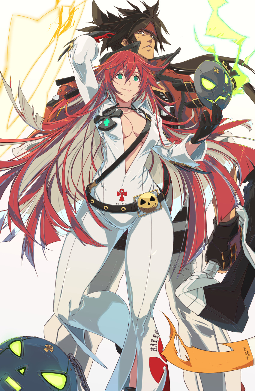 1boy 1girl absurdres ankh ankh_necklace aria_(guilty_gear) ball_and_chain_restraint bangs belt bodysuit breasts broken_halo brown_eyes brown_hair closed_mouth commentary_request gloves green_eyes guilty_gear guilty_gear_strive halo highres holding jack-o'_valentine jewelry king_rooper lips long_hair long_sleeves mask medium_breasts multicolored_hair necklace redhead shiny shiny_clothes shiny_skin short_hair simple_background skin_tight smile sol_badguy two-tone_hair weapon white_bodysuit white_hair