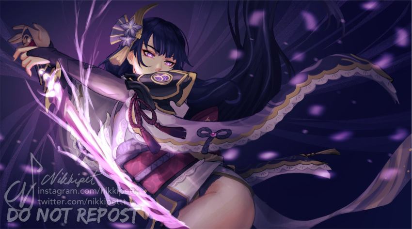 1girl armor bangs breasts bridal_gauntlets coattails commentary covered_mouth electricity english_commentary floral_print flower genshin_impact hair_ornament highres holding holding_sword holding_weapon japanese_clothes kimono long_hair mitsudomoe_(shape) mole mole_under_eye nikkipettt obi obiage obijime purple_flower purple_hair raiden_shogun ribbon sash shoulder_armor signature simple_background solo sword tassel tomoe_(symbol) violet_eyes weapon wide_sleeves