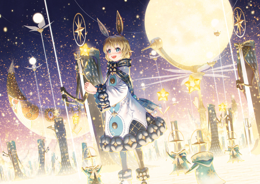 1girl :d animal_ears blonde_hair blue_eyes blush crescent globe glowing gradient gradient_background hands_clasped highres open_mouth original own_hands_together sho_(sumika) short_hair smile standing star_(symbol) striped striped_legwear tagme wide_sleeves