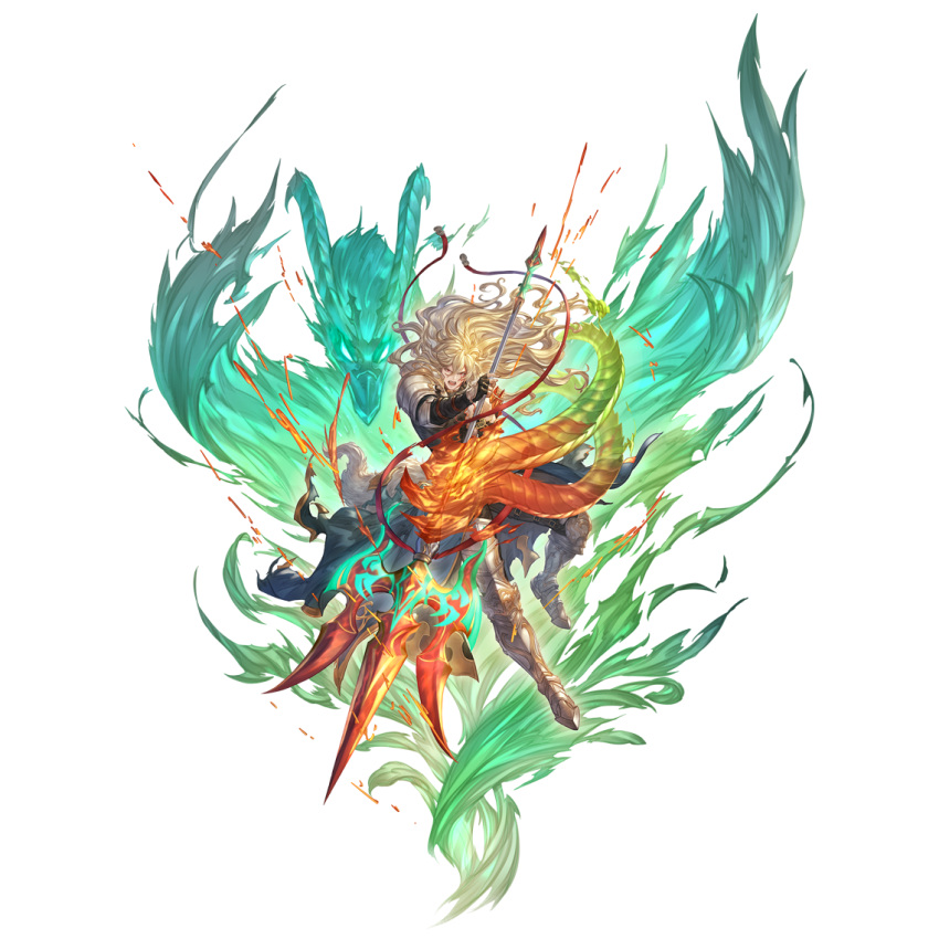 1boy armor armored_boots belt blonde_hair body_armor boots clenched_teeth dragon dragon_horns dragon_tail energy fire full_body granblue_fantasy hair_between_eyes holding holding_polearm holding_shield holding_spear holding_weapon horns long_hair looking_at_viewer male_focus naoise official_art polearm red_eyes shield shoulder_armor spear spiked_armor standing tail teeth torn_clothes transparent_background weapon