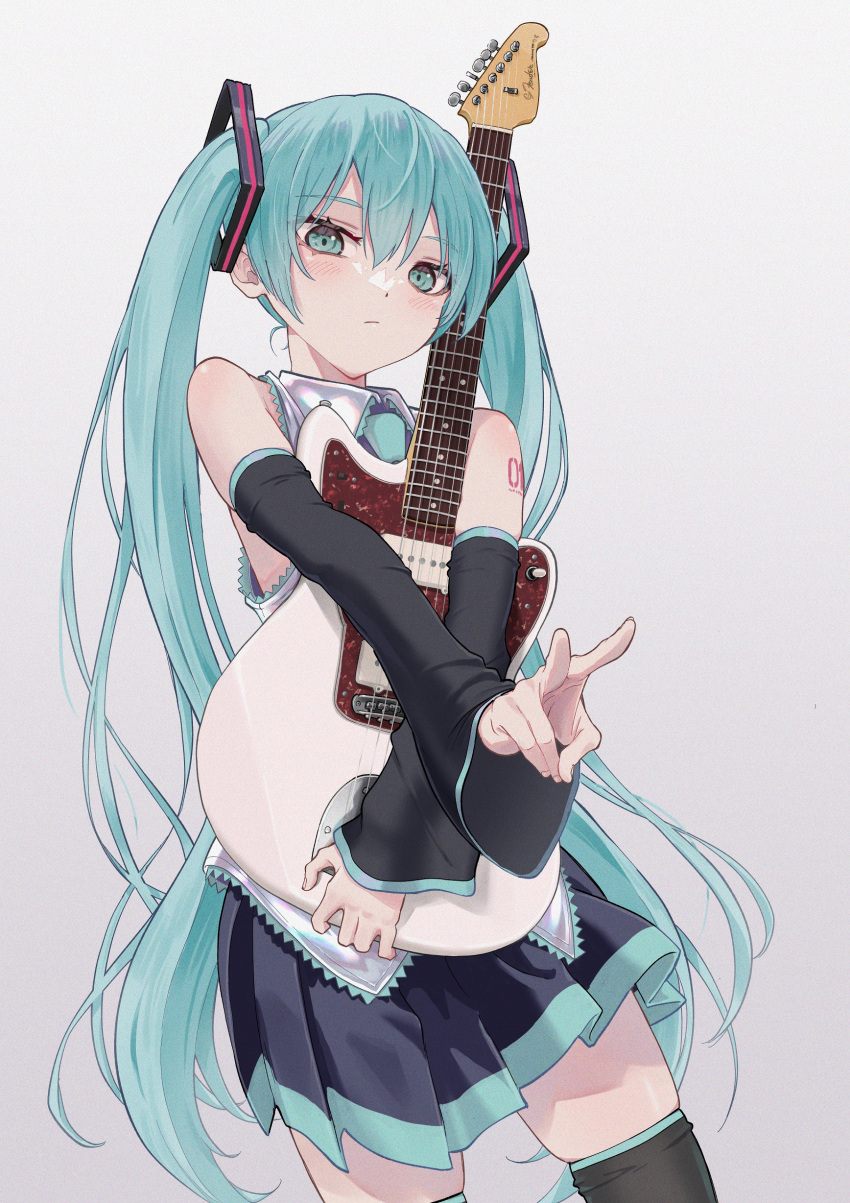 1girl absurdres aqua_eyes aqua_hair aqua_neckwear bangs black_legwear black_skirt blush closed_mouth collared_shirt commentary_request cowboy_shot detached_sleeves electric_guitar eyebrows_visible_through_hair grey_background grey_shirt guitar hasisisissy hatsune_miku highres holding holding_instrument huge_filesize instrument long_hair long_sleeves looking_at_viewer miniskirt necktie number_tattoo pleated_skirt shirt shoulder_tattoo simple_background skindentation skirt solo tattoo thigh-highs twintails v very_long_hair vocaloid zettai_ryouiki