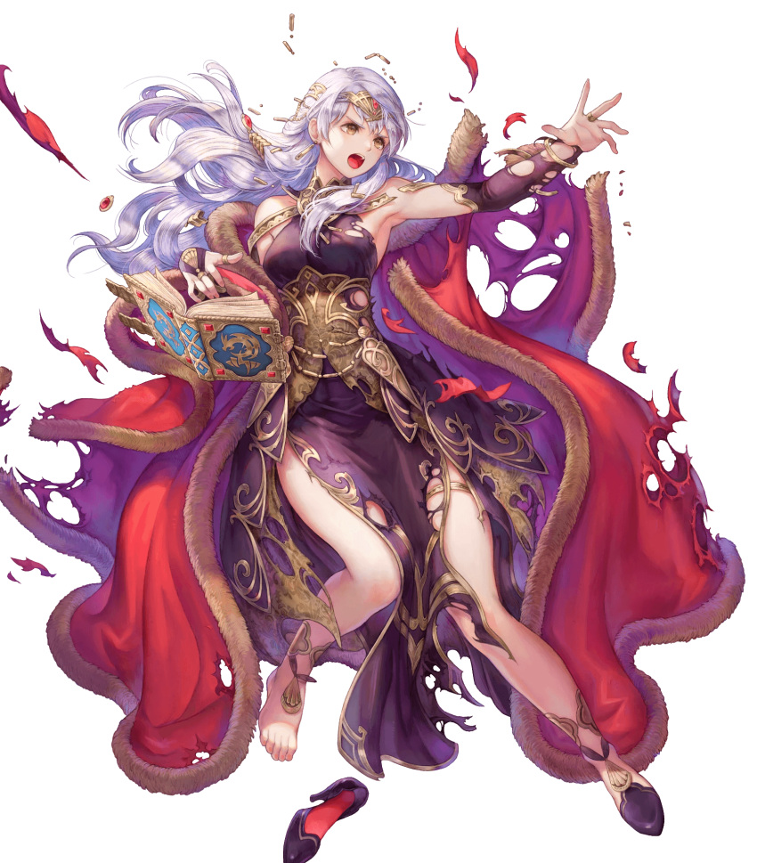 1girl armpits bangs bare_shoulders barefoot book breasts bridal_gauntlets brown_eyes dress fire_emblem fire_emblem:_radiant_dawn fire_emblem_heroes floating floating_object full_body fur_trim haccan hair_ornament high_heels highres jewelry long_hair looking_away medium_breasts micaiah_(fire_emblem) official_art open_book open_mouth purple_dress shiny shiny_hair silver_hair solo thigh_strap tiara toes torn_clothes torn_dress transparent_background