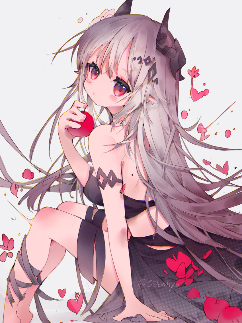 1girl absurdres apple arknights arm_support bikini black_bikini blush_stickers commentary demon_horns ear_piercing food fruit grey_hair hair_ornament highres holding holding_food holding_fruit horns long_hair mudrock_(arknights) mudrock_(silent_night)_(arknights) official_alternate_costume oooohyo petals piercing pointy_ears red_eyes simple_background sitting solo swimsuit white_background younger