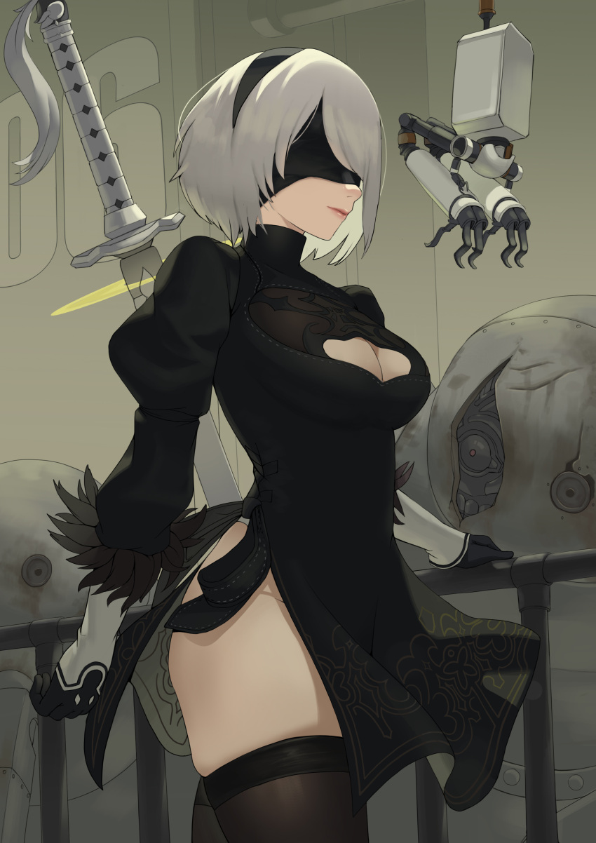 1girl absurdres android back_cutout black_blindfold black_dress black_hairband blindfold blue_eyes boots breasts cleavage_cutout clothing_cutout covered_eyes dress feather-trimmed_sleeves feather_trim gloves hairband hape high_heel_boots high_heels highleg highleg_leotard highres juliet_sleeves katana leotard long_sleeves medium_breasts mole mole_under_mouth nier_(series) nier_automata pod_(nier_automata) puffy_sleeves robot silver_hair skindentation solo_focus sword thigh-highs thigh_boots thighhighs_under_boots thong_leotard vambraces virtuous_contract weapon white_hair white_leotard yorha_no._2_type_b