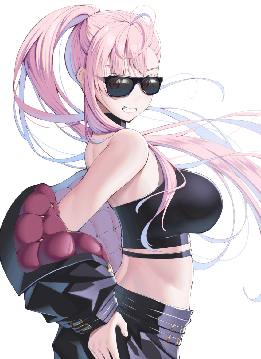 1girl absurdres bangs black_jacket blush breasts choker crop_top floating_hair grin highres himeliofon hololive hololive_english jacket long_hair looking_at_viewer midriff mori_calliope off_shoulder pink_hair red_eyes simple_background smile solo sunglasses very_long_hair virtual_youtuber white_background