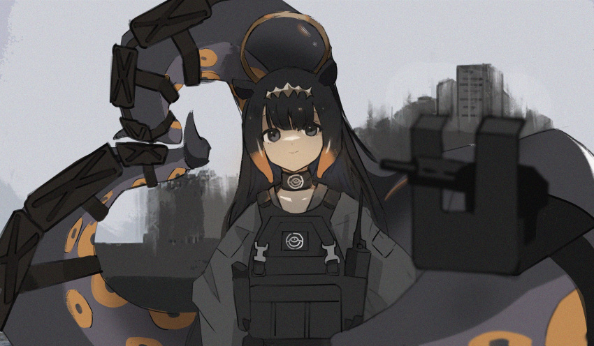 1girl absurdres armor bangs blunt_bangs body_armor building choker collarbone commentary commentary_request dmj gun halo highres hololive hololive_english long_hair looking_at_viewer mole mole_under_eye multicolored_hair ninomae_ina'nis purple_hair smile tentacle_hair tentacles tsurime very_long_hair virtual_youtuber walkie-talkie weapon