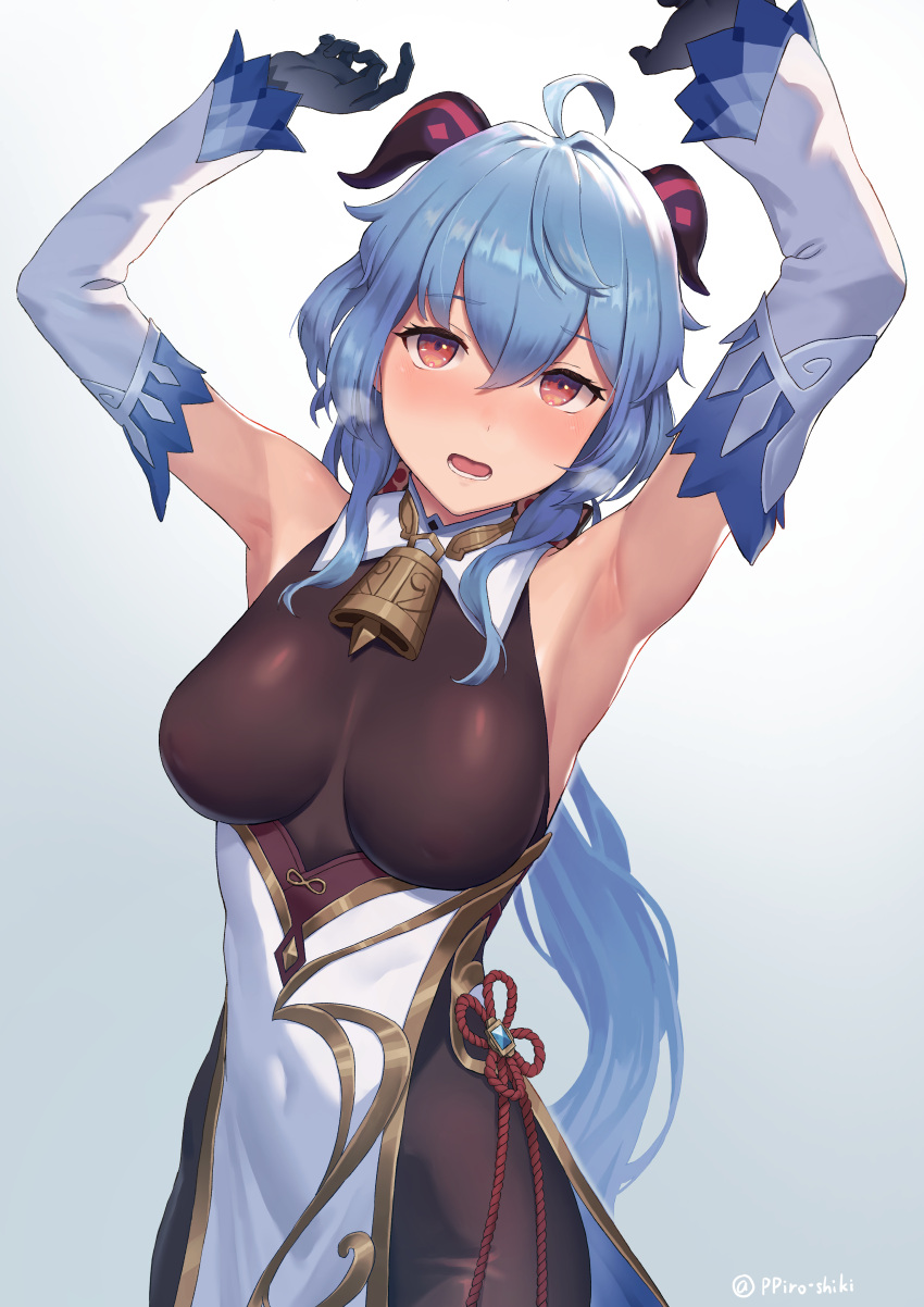 1girl absurdres armpits arms_up bare_shoulders bell blush breasts commentary_request covered_nipples cowbell detached_sleeves ganyu_(genshin_impact) genshin_impact goat_horns half-closed_eyes highres horns large_breasts long_hair long_sleeves open_mouth p_shiki sleeveless solo very_long_hair violet_eyes
