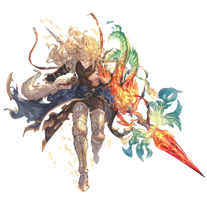1boy armor armored_boots belt blonde_hair body_armor boots clenched_teeth dragon_tail fire full_body granblue_fantasy hair_between_eyes holding holding_polearm holding_shield holding_spear holding_weapon long_hair looking_at_viewer male_focus naoise official_art polearm red_eyes shield shoulder_armor solo spear spiked_armor standing tail teeth torn_clothes transparent_background weapon