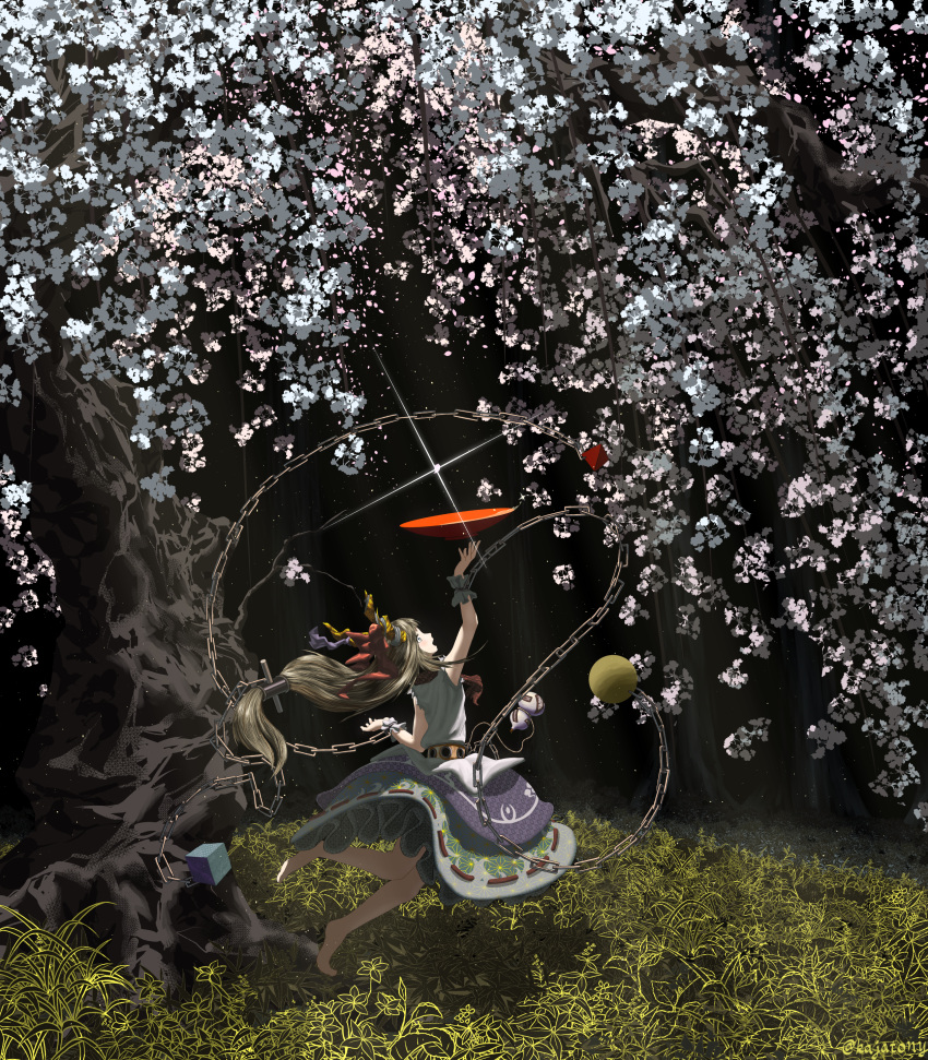 1girl absurdres bangs barefoot bow brown_hair chain cherry_blossoms cherry_tree commentary_request cube cup forest full_body gourd grass hair_bow highres horn_ornament horn_ribbon horns ibuki_suika kajatony long_hair looking_up nature open_mouth orb purple_ribbon purple_skirt pyramid_(geometry) red_bow red_neckwear ribbon sakazuki shirt signature skirt solo sparkle torn_clothes torn_sleeves touhou tree very_long_hair white_shirt wrist_cuffs