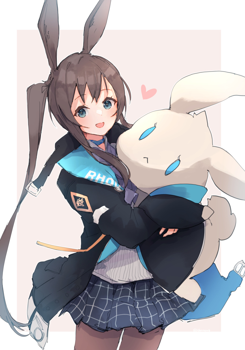 1girl absurdres amiya_(arknights) animal_ears arknights bangs black_jacket blue_eyes brown_hair commentary_request cowboy_shot heart highres holding holding_stuffed_toy jacket long_hair long_sleeves looking_at_viewer open_mouth pantyhose pleated_skirt ponytail rabbit_ears sidelocks skirt smile solo stuffed_animal stuffed_bunny stuffed_toy tokorinowa
