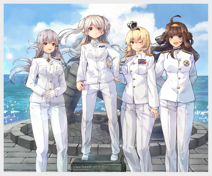 ahoge blonde_hair blue_eyes blue_sky braid brown_hair buttons clouds conte_di_cavour_(kancolle) crown double_bun epaulettes french_braid gangut_(kancolle) grey_hair hairband highres himeyamato kantai_collection kongou_(kancolle) long_hair mini_crown monument multiple_girls ocean one_eye_closed red_eyes ribbon sky twintails warspite_(kancolle) waves white_footwear white_uniform