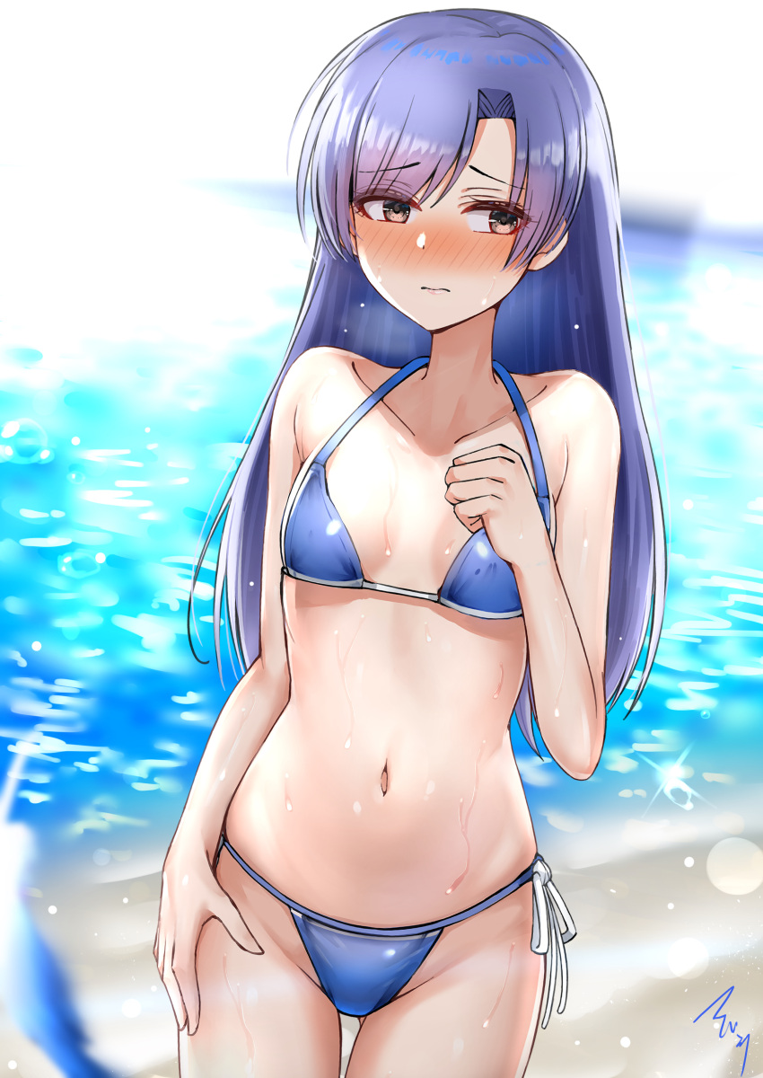 1girl 3: absurdres arm_at_side ass_visible_through_thighs bangs bare_arms bare_shoulders bikini blue_bikini blush breasts brown_eyes closed_mouth collarbone cowboy_shot day eyebrows_visible_through_hair frown hand_on_own_chest highres idolmaster idolmaster_(classic) kisaragi_chihaya long_hair looking_away looking_to_the_side mabanna navel nose_blush ocean outdoors purple_hair ribbon side-tie_bikini signature small_breasts solo sparkle stomach swept_bangs swimsuit water wet white_ribbon