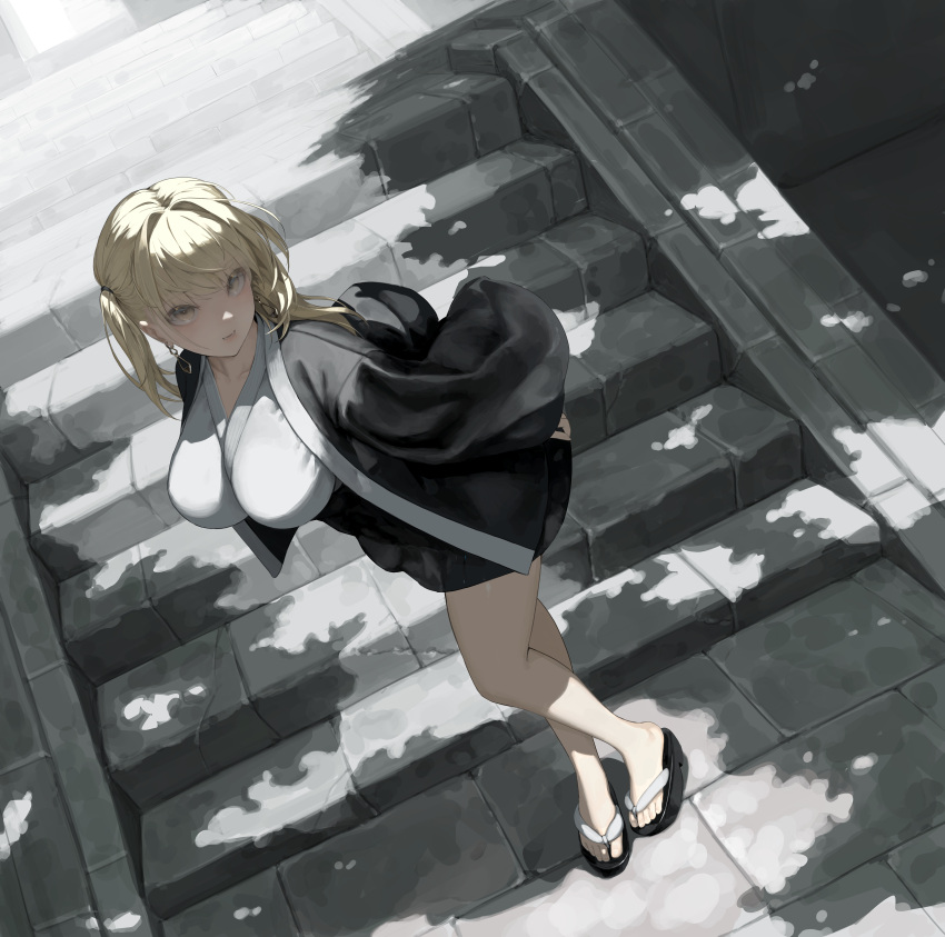 1girl absurdres bangs black_skirt blonde_hair breasts collarbone earrings egk513 flip-flops from_above full_body highres huge_filesize japanese_clothes jewelry large_breasts leaning_forward legs_together long_sleeves looking_at_viewer lower_teeth medium_hair miniskirt no_socks open_clothes open_mouth original outdoors sandals skirt solo stairs tree_shade twintails wide_sleeves yellow_eyes