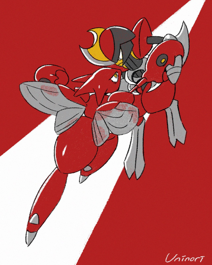 bisharp black_eyes claws closed_mouth commentary_request eye_contact frown gen_2_pokemon gen_5_pokemon highres looking_at_another no_humans orange_eyes pokemon_(creature) scizor signature two-tone_background uninori