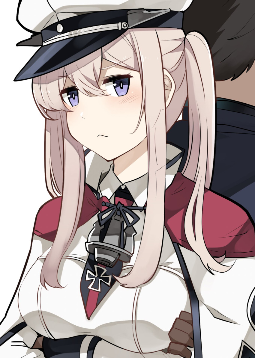 1boy 1girl admiral_(kancolle) black_hair blonde_hair brown_gloves capelet closed_mouth crossed_arms gloves graf_zeppelin_(kancolle) hat highres ido_(teketeke) kantai_collection long_hair long_sleeves military military_uniform peaked_cap short_hair sidelocks simple_background twintails uniform violet_eyes white_background white_headwear