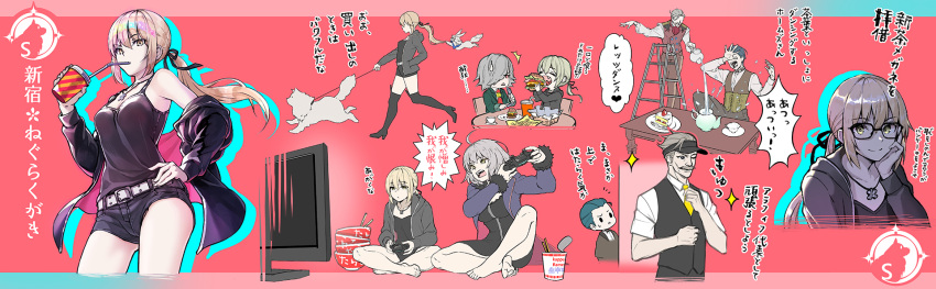 2girls 3boys animal artoria_pendragon_(fate) bare_legs barefoot belt blonde_hair breasts burger cavall_the_2nd coat controller cup dog drinking eating edmond_dantes_(fate) fate/grand_order fate_(series) food fou_(fate) game_controller glasses highres holding holding_cup holding_food jacket james_moriarty_(fate) jeanne_d'arc_(alter)_(fate) jeanne_d'arc_(fate)_(all) long_hair looking_at_viewer multiple_boys multiple_girls playing_games ponytail saber_alter sherlock_holmes_(fate) shirt short_hair shorts silver_hair sitting smile suishougensou