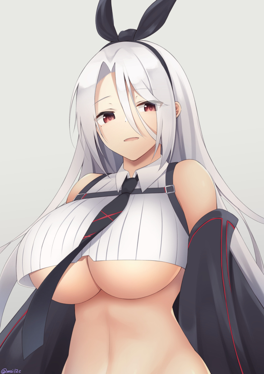 1girl azur_lane bangs bare_shoulders black_neckwear black_sleeves breasts collared_shirt commentary crop_top detached_sleeves eyebrows_visible_through_hair grey_background groin hair_between_eyes hair_ribbon highres kokonoe_misui large_breasts long_hair looking_at_viewer mole mole_under_eye navel necktie open_mouth parted_bangs prinz_heinrich_(azur_lane) red_eyes ribbed_shirt ribbon shirt sidelocks simple_background solo standing stomach twitter_username under_boob upper_body very_long_hair white_hair