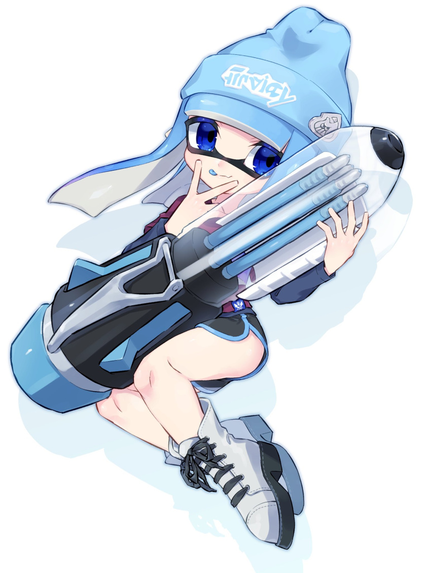 1girl :p ballpoint_splatling_(splatoon) bangs bazumi beanie black_shorts blue_eyes blue_hair blue_headwear blue_shirt blue_tongue blunt_bangs blunt_ends boots closed_mouth colored_tongue dolphin_shorts fang floating full_body hat highres holding holding_weapon inkling layered_sleeves licking_lips logo long_hair long_sleeves looking_at_viewer pointy_ears purple_shirt shadow shirt short_over_long_sleeves short_shorts short_sleeves shorts simple_background skin_fang smile solo splatoon_(series) splatoon_2 straight-laced_footwear tentacle_hair tongue tongue_out v weapon white_background white_footwear