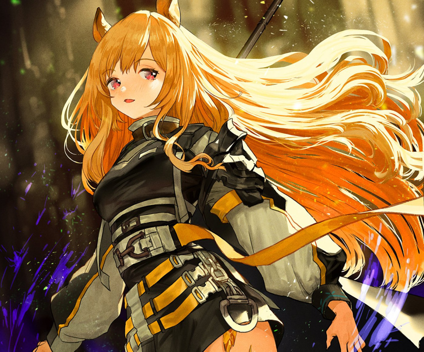 1girl animal_ears arknights black_shirt breasts brown_hair ceobe_(arknights) commentary cowboy_shot dog_ears eyebrows_visible_through_hair floating_hair holding infection_monitor_(arknights) long_hair long_sleeves looking_at_viewer medium_breasts open_mouth oripathy_lesion_(arknights) red_eyes shirt solo takenokohd very_long_hair wristband