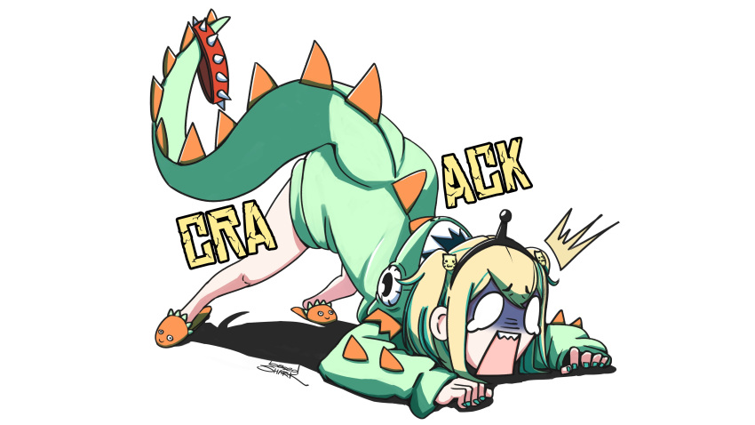 1girl absurdres amano_pikamee artist_name basedshark blonde_hair dinosaur_costume english_commentary green_hair green_hoodie highres hood hoodie jack-o'_challenge multicolored_hair open_mouth orange_footwear shaded_face shadow sharp_teeth short_hair slippers solo spikes streaked_hair teeth top-down_bottom-up virtual_youtuber voms white_background white_eyes