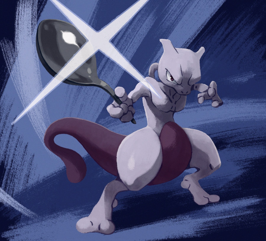 commentary_request full_body gen_1_pokemon glint highres holding holding_spoon legendary_pokemon looking_at_viewer mewtwo pokemon pokemon_(creature) solo spoon standing toes uninori violet_eyes