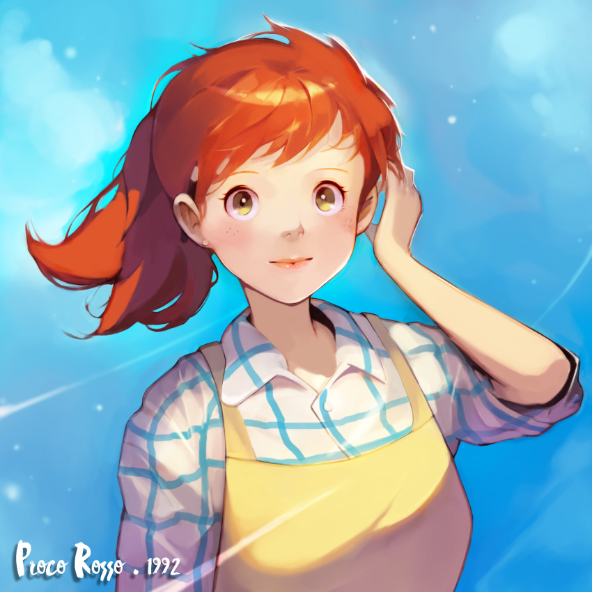 1girl absurdres blue_sky brown_eyes copyright_name day fio_piccolo freckles hand_up highres kisher kurenai_no_buta long_hair looking_at_viewer outdoors redhead shirt sky solo striped striped_shirt wind