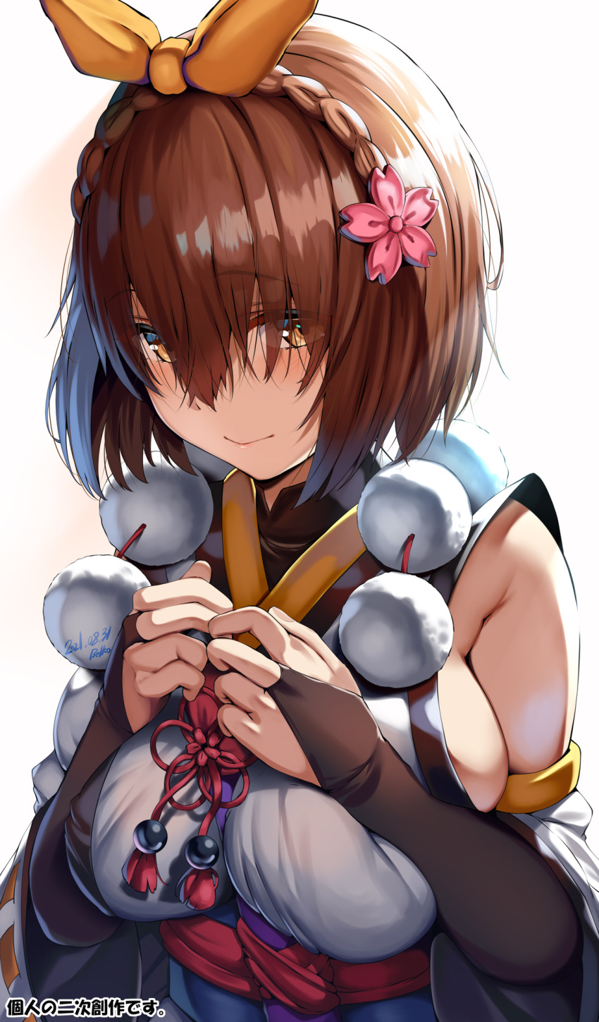 1girl animal_ears banned_artist belko braid breasts bridal_gauntlets brown_eyes brown_hair character_request commentary_request eyebrows_visible_through_hair flower hair_between_eyes hair_flower hair_ornament hair_ribbon highres japanese_clothes large_breasts looking_at_viewer oshiro_project_re ribbon short_hair simple_background solo upper_body white_background yellow_ribbon