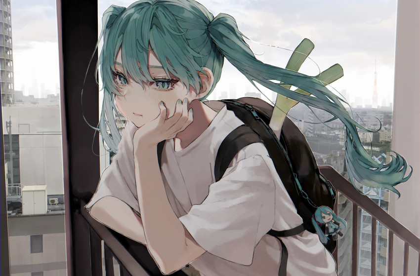 1girl :i aqua_eyes aqua_nails bag bangs black_bag blush building city closed_mouth clouds cloudy_sky daluto_(hitomi555) elbow_rest eyelashes fingernails hand_on_own_cheek hand_on_own_face hatsune_miku highres keychain leek light_blush long_hair looking_at_viewer nail_polish outdoors rooftop shirt short_sleeves sidelocks sky skyline sleeveless solo standing tower twintails upper_body vocaloid white_shirt