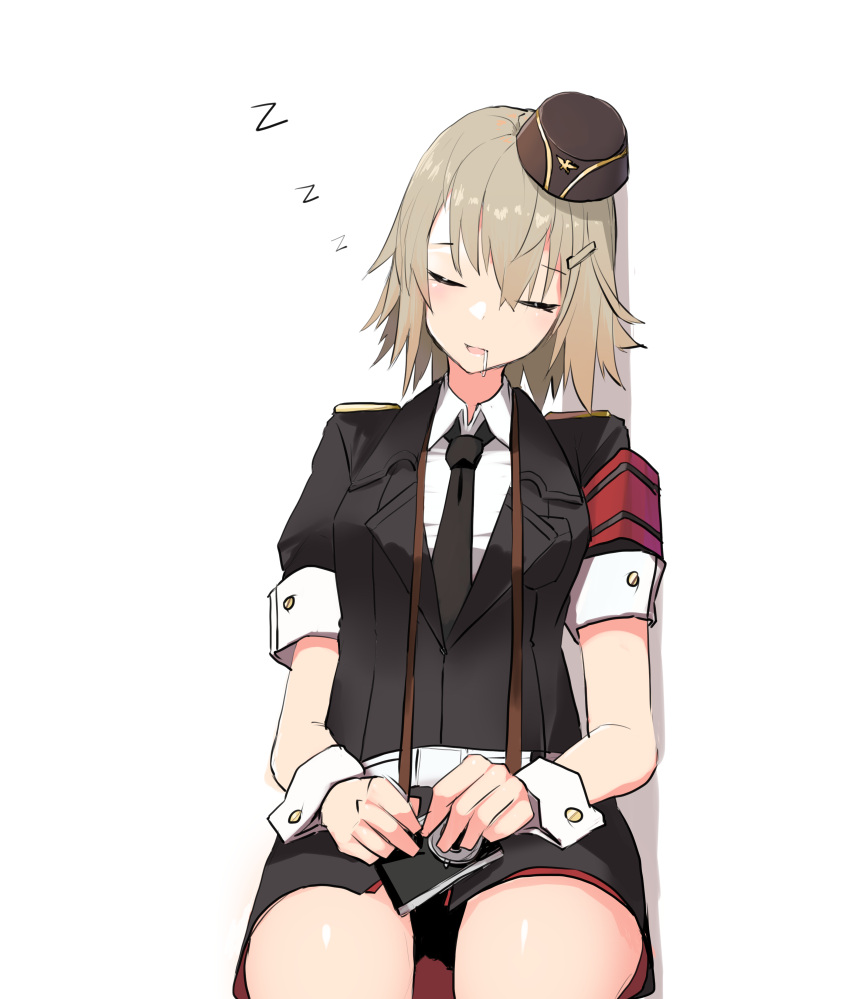 1girl absurdres armband bangs black_headwear camera closed_eyes drooling garrison_cap girls_frontline hair_ornament hairclip hat highres leaning_to_the_side military military_hat military_uniform mp41_(girls_frontline) open_mouth short_hair short_sleeves sitting sleeping sleeping_upright solo uniform wehrmacht wrist_cuffs yanagui zzz