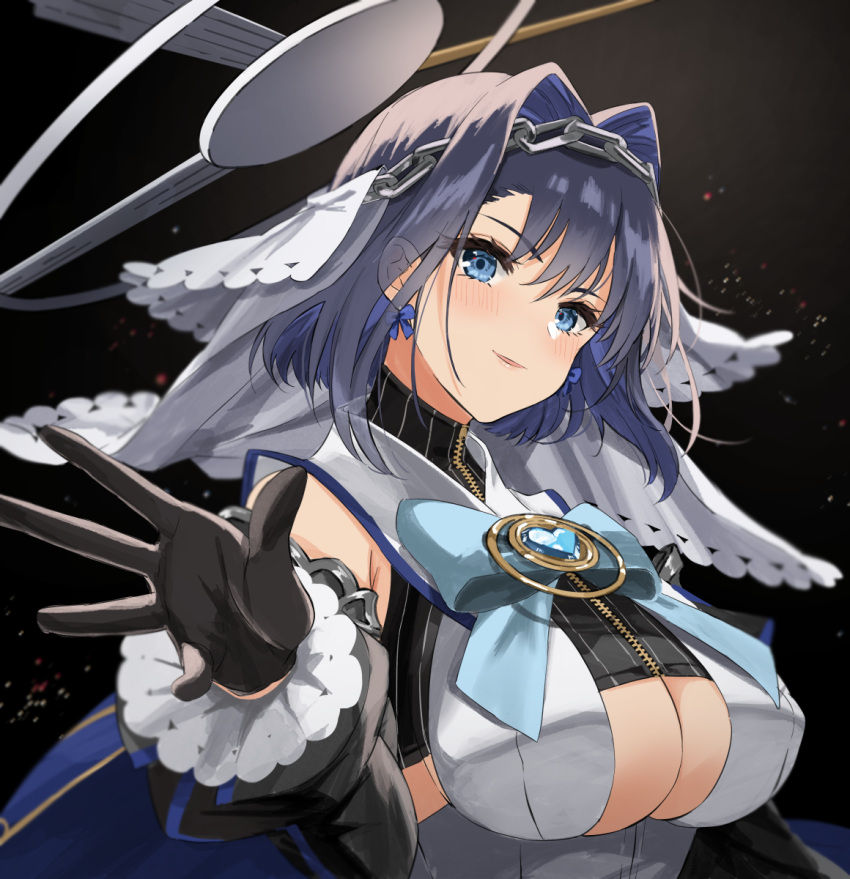 1girl black_background black_gloves blue_bow blue_cape blue_eyes blue_hair blush bow bow_earrings breasts cape chain cleavage_cutout clothing_cutout commentary detached_sleeves dress earrings ears_visible_through_hair english_commentary eyebrows_visible_through_hair gloves hair_between_eyes hair_intakes hand_up head_chain heart highres hololive hololive_english jewelry large_breasts long_hair long_sleeves mechanical_halo milluun ouro_kronii parted_lips pinstripe_pattern short_hair smile solo striped upper_body veil virtual_youtuber white_dress zipper