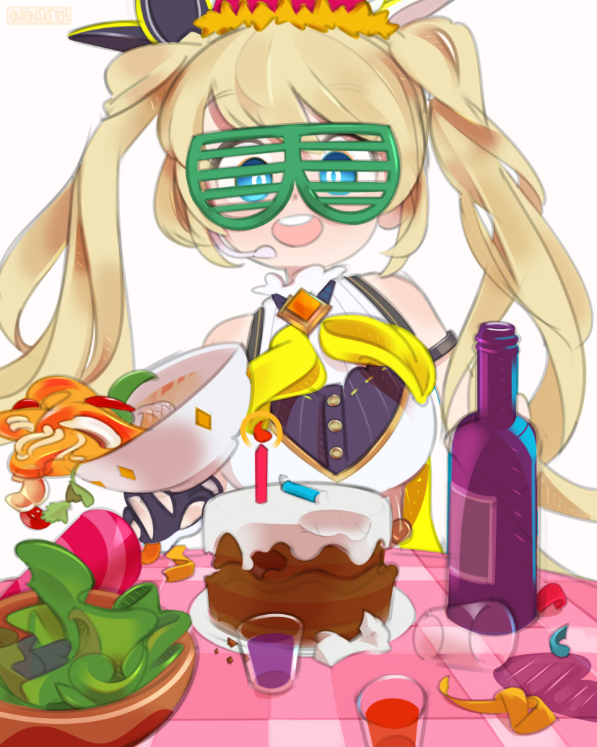 1girl bangs blonde_hair blue_eyes bottle bowl breasts cake cup eyebrows_visible_through_hair food headset highres looking_at_viewer medium_breasts nijisanji nijisanji_id onionsketch open_mouth salad shutter_shades smile solo spill twintails virtual_youtuber wine_bottle zea_cornelia