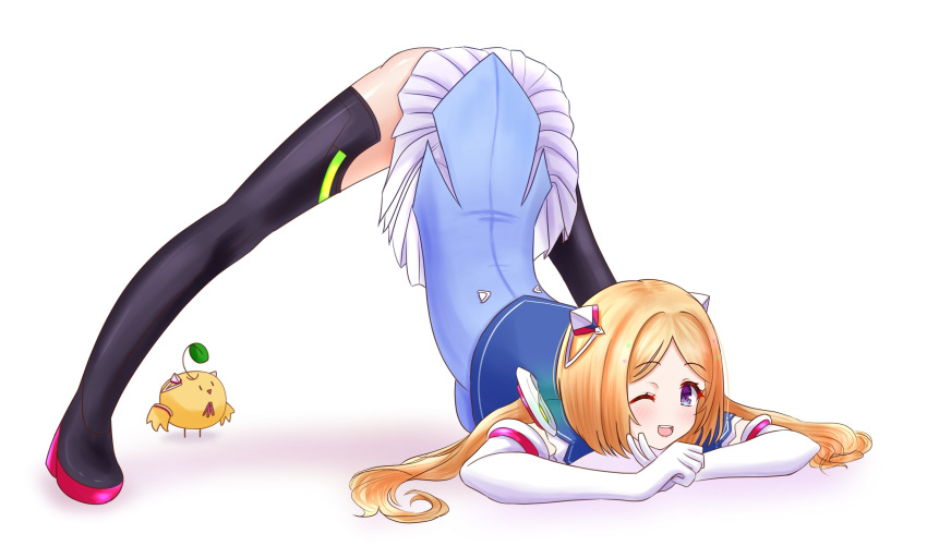 1girl 1other aki_rosenthal ass bangs blonde_hair blue_jacket bob_cut detached_hair full_body hair_ornament highres hololive jack-o'_challenge jacket meme one_eye_closed parted_bangs short_hair simple_background spread_legs top-down_bottom-up urushinuri violet_eyes virtual_youtuber white_background wide_spread_legs