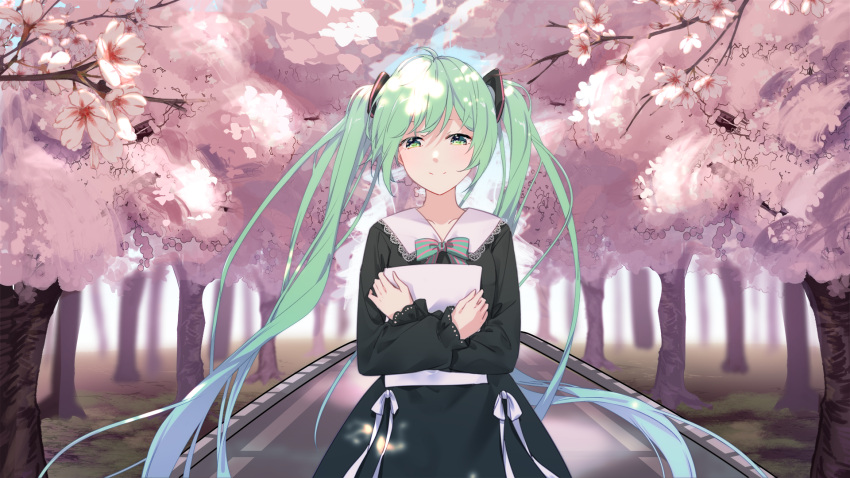 1girl bangs black_dress bow branch chinese_commentary closed_mouth collarbone collared_dress commentary_request day dress eyebrows_behind_hair flower green_bow green_eyes green_hair hair_between_eyes hatsune_miku highres long_hair looking_at_viewer mo_(pixiv9929995) object_hug outdoors smile solo striped striped_bow tree very_long_hair vocaloid white_flower
