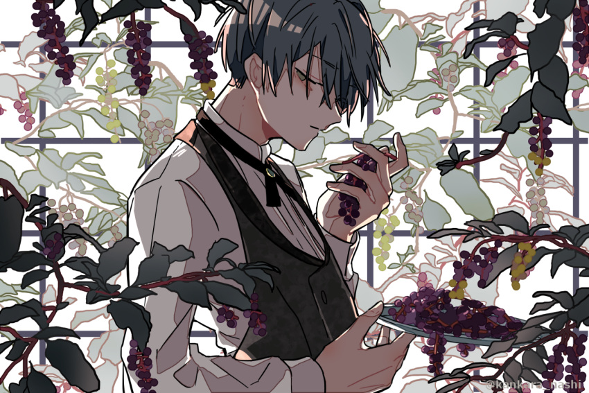 1boy black_hair black_neckwear closed_mouth commentary_request eyebrows_visible_through_hair food from_side fruit grapes green_eyes hands_up holding holding_food holding_plate kankara_nashi leaf looking_at_viewer male_focus neck_ribbon original plate profile ribbon shirt short_hair sideways_glance solo twitter_username upper_body waistcoat white_shirt