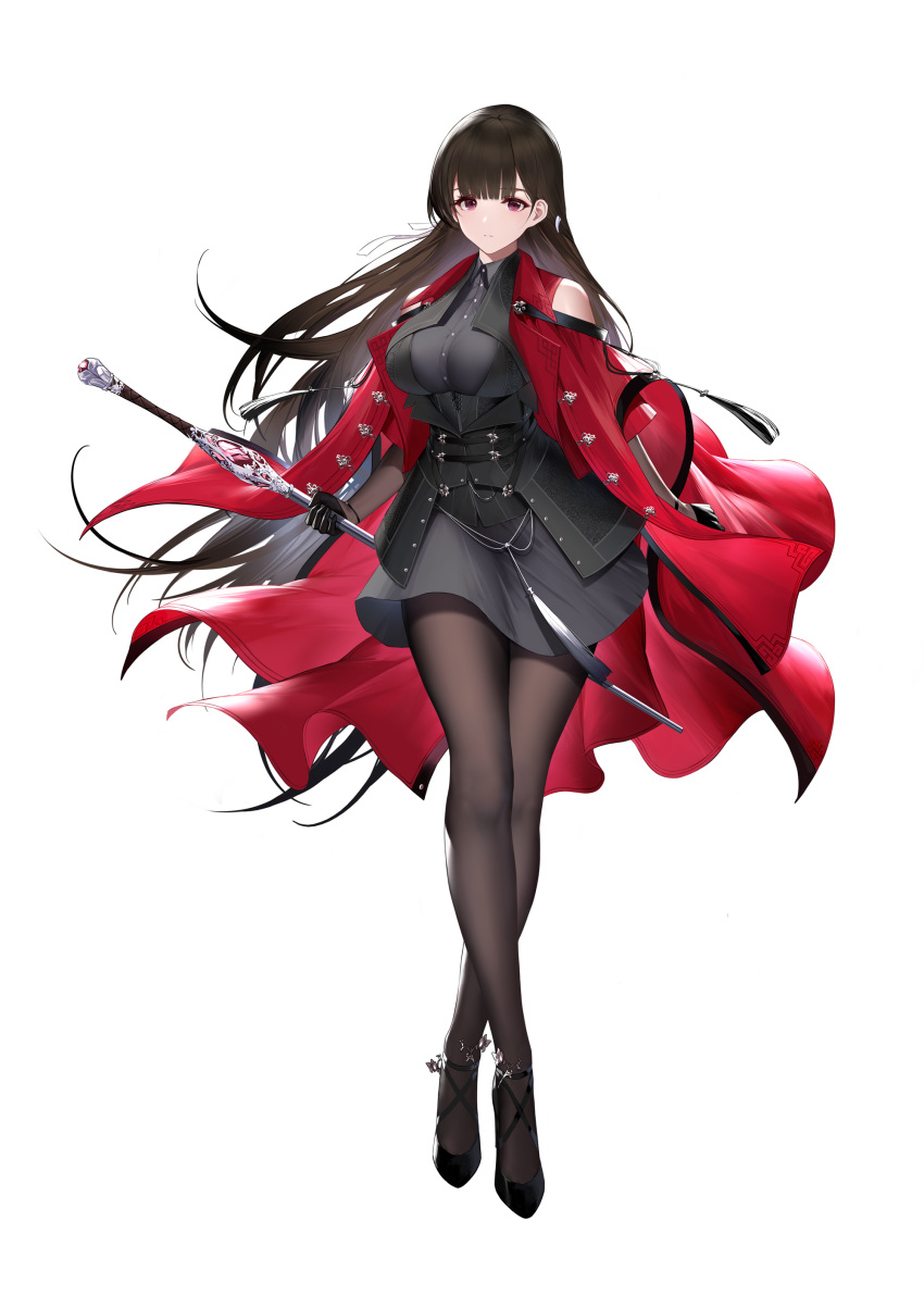 1girl absurdres an_yond bangs banned_artist bare_shoulders black_hair black_legwear black_skirt blunt_bangs breasts collared_jacket collared_shirt crossed_legs detached_sleeves full_body high_heels highres holding holding_weapon jacket large_breasts legs long_hair original red_jacket shirt simple_background skirt solo strappy_heels tachi-e thighs violet_eyes weapon white_background