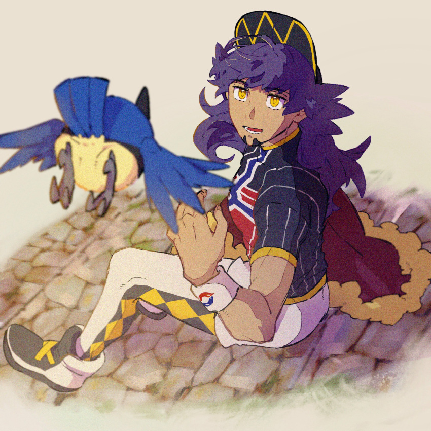 1boy bangs baseball_cap bird blurry cape champion_uniform dark-skinned_male dark_skin facial_hair fur-trimmed_cape fur_trim gen_8_pokemon hand_up hat highres leggings leon_(pokemon) long_hair lower_teeth male_focus mobuchin open_mouth pokemon pokemon_(creature) pokemon_(game) pokemon_swsh purple_hair red_cape rookidee shield_print shirt short_shorts short_sleeves shorts sitting sword_print tongue white_legwear white_shorts white_wristband yellow_eyes