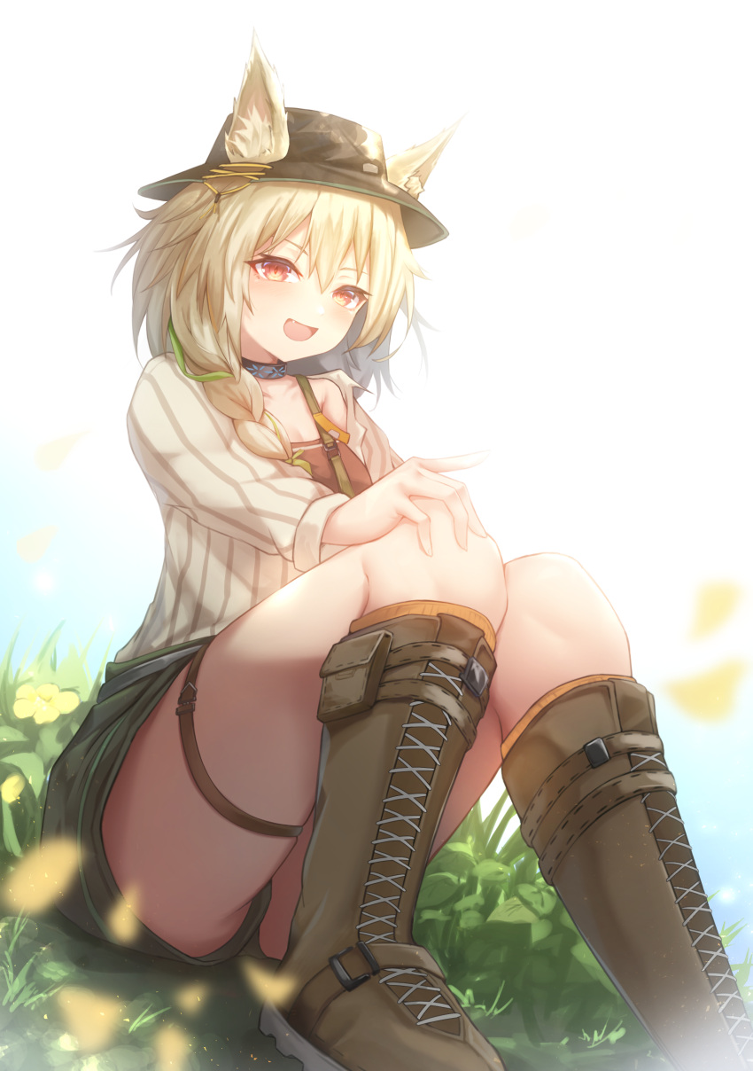 :d absurdres animal_ears aoinu_(aoinu_99) arknights beanstalk_(arknights) beige_sweater black_collar black_headwear blush boots braid brown_footwear brown_hair brown_shirt chinese_commentary collar commentary_request ears_through_headwear fang flower foot_out_of_frame grass green_hair green_shorts hair_between_eyes hand_on_knees hat highres hyena_ears infection_monitor_(arknights) long_hair looking_at_viewer multicolored_hair open_mouth outdoors red_eyes shirt shorts sitting smile streaked_hair thigh_strap thighs yellow_flower